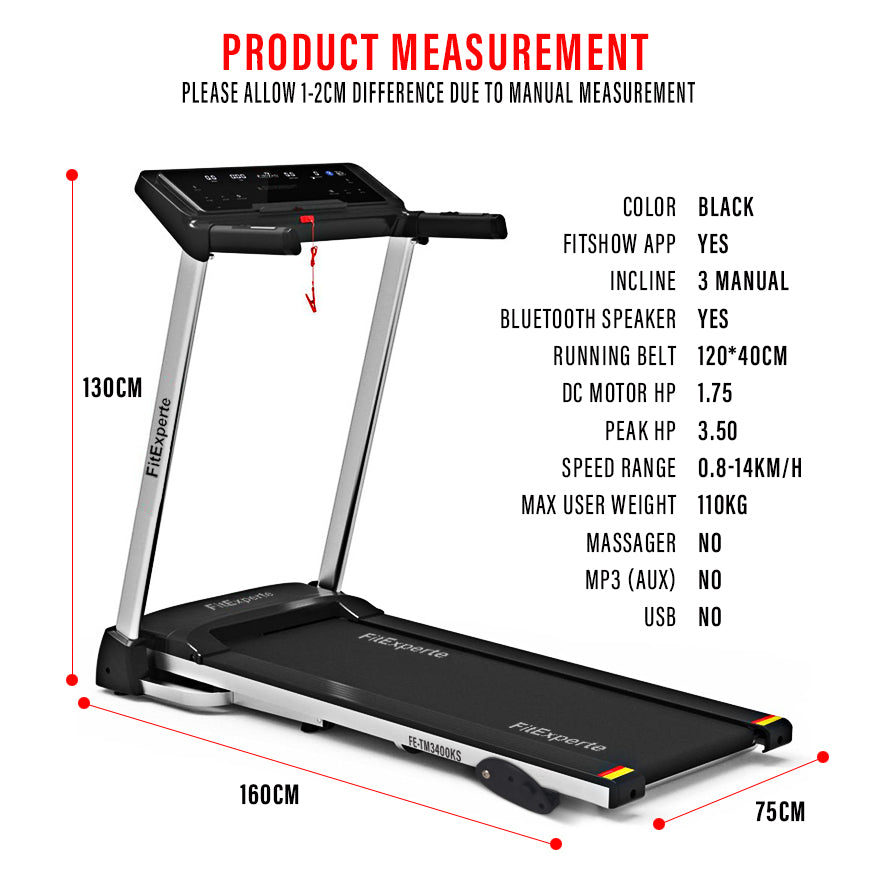 FitExperte Foldable Treadmill with App Running Machine TM3400KS 